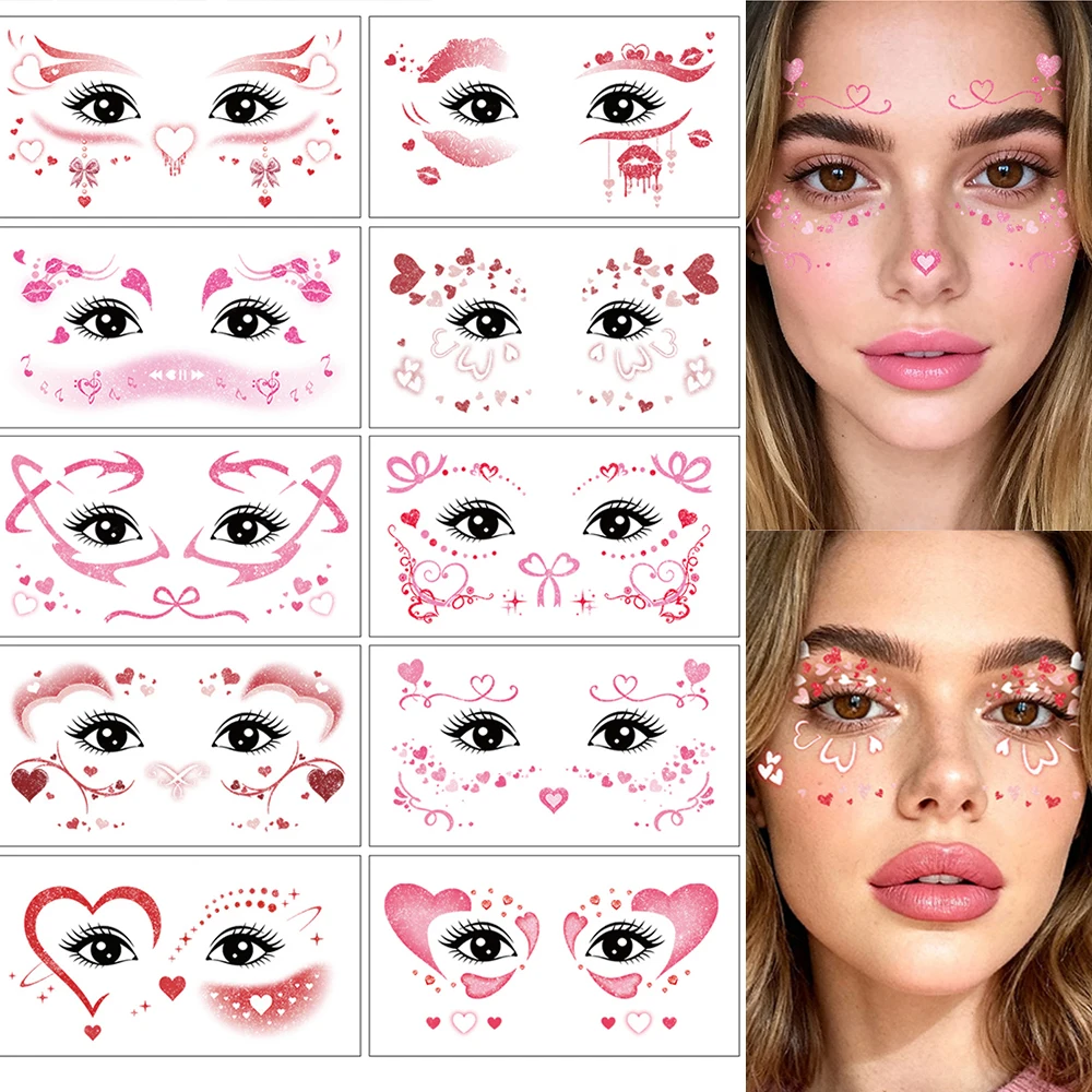 

8/10Pcs Love Heart Face Temporary Tattoo Sticker 3D Valentine's Day Freckles Facial Romantic Decal Waterproof Body Tattoo Slider