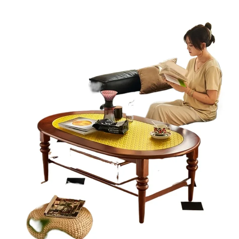

French retro solid wood coffee table, oval rattan glass art design small apartment