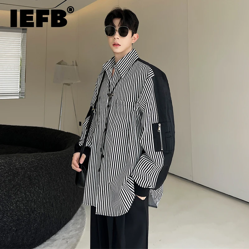 

IEFB Korean Style Men's Trendy Shirts Niche Design Patchwork Long Sleeve Cardigan Loose Stripe Versatile Laple Tide Tops 9C1062