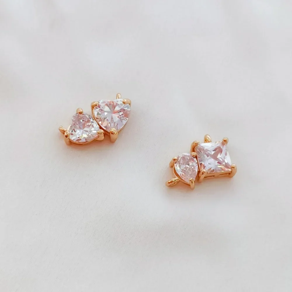 14K Zircon Set Double Heart Water Drop Square Connecting Pendant Bracelet Necklace Pendant Diy Accessory