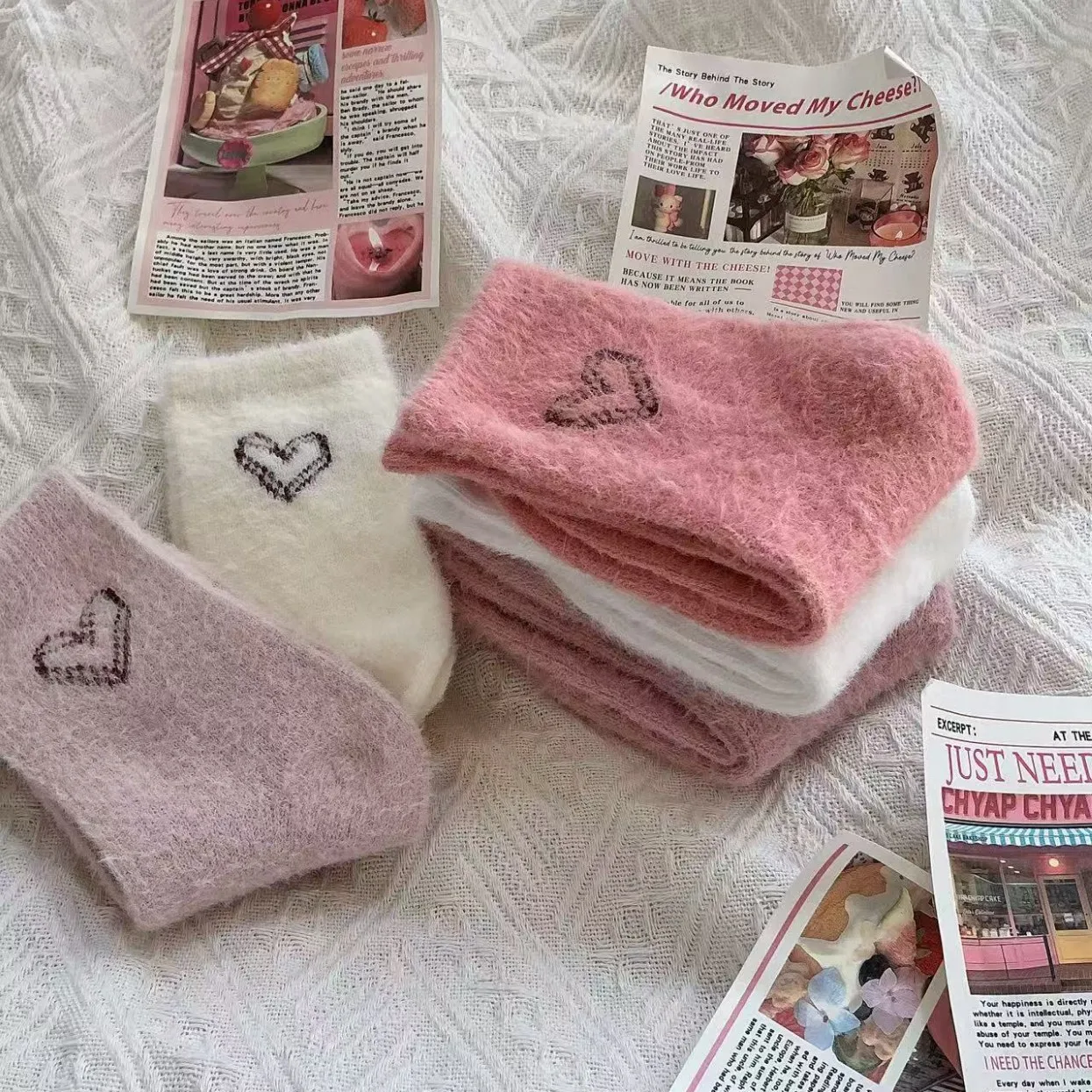 

5 Pairs Winter Socks Women mid-calf Fleece Thickened Mink heart-shaped Sleep Floor Warm Long Sports Ankle Crew 5W263