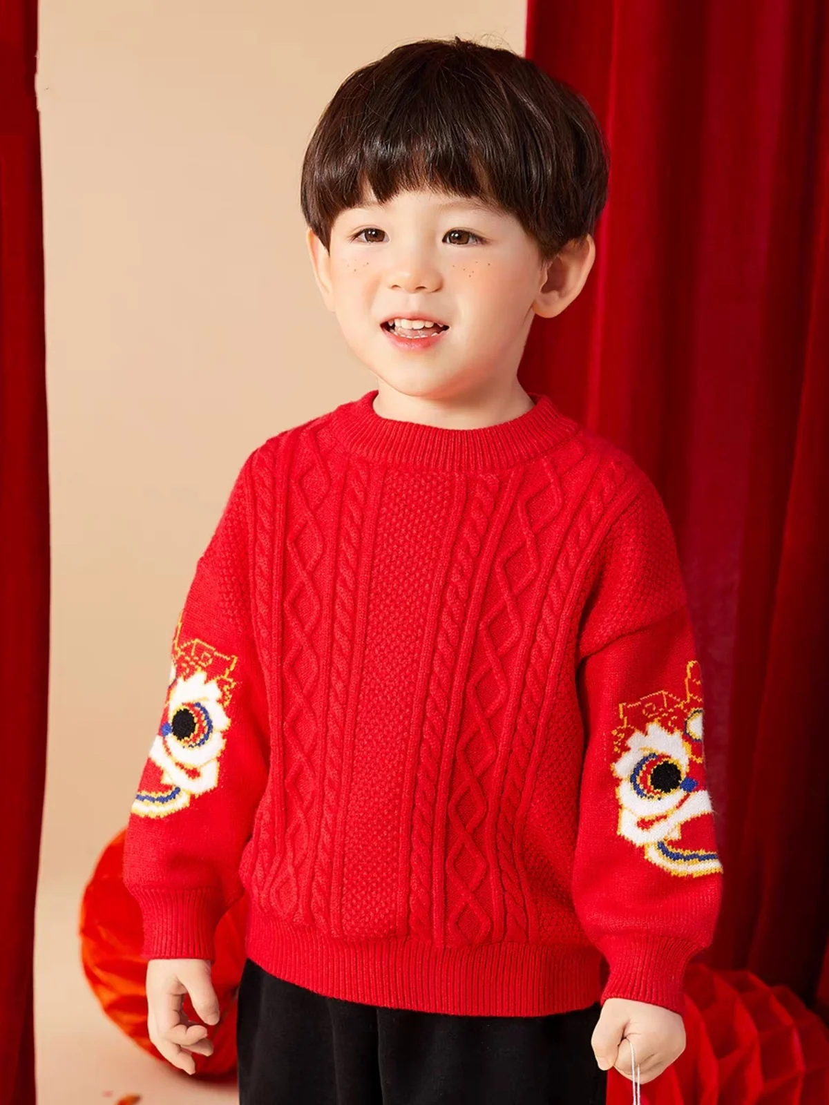 

Autumn Winter Knitted Sweater for Kids Red New Year Celebration Clothes Baby Base irt Long Sve round Ne Other Material