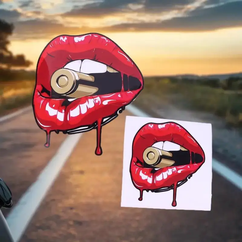 Набор наклеек из ПВХ из 3 предметов, 11x13 см/17x20 см, острые красные губы с пулевидным дизайном, наклейка на автомобиль; трансформируйте мотоцикл и ноутбук