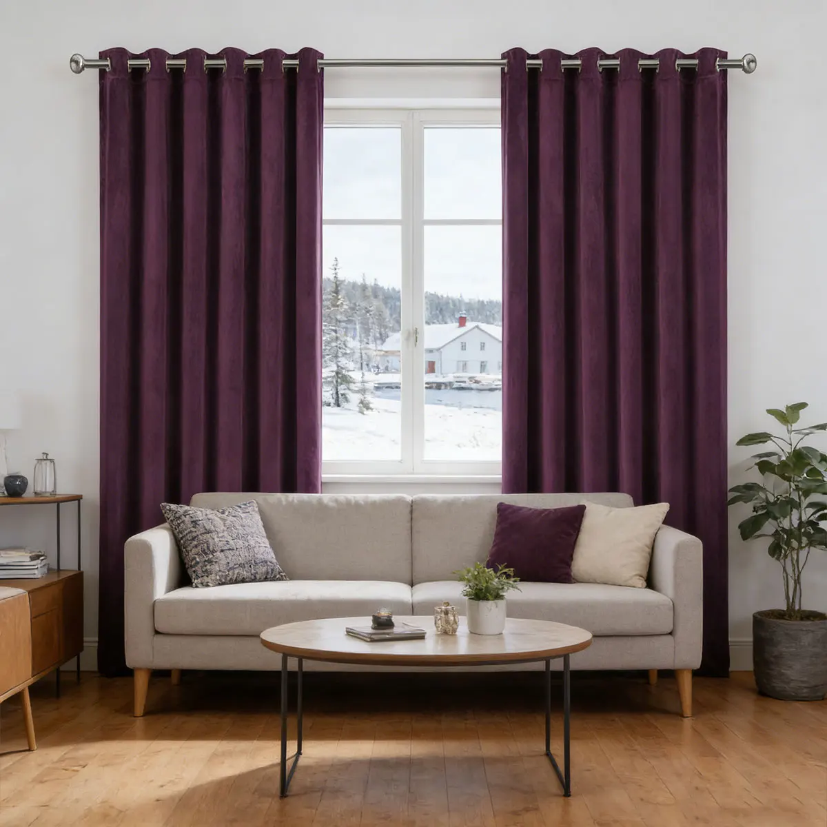 Dark Purple Velvet Grommet Curtain, Light Blocking Privacy Drape for Retro Luxury Living Room Bedroom Balcony Home Decor