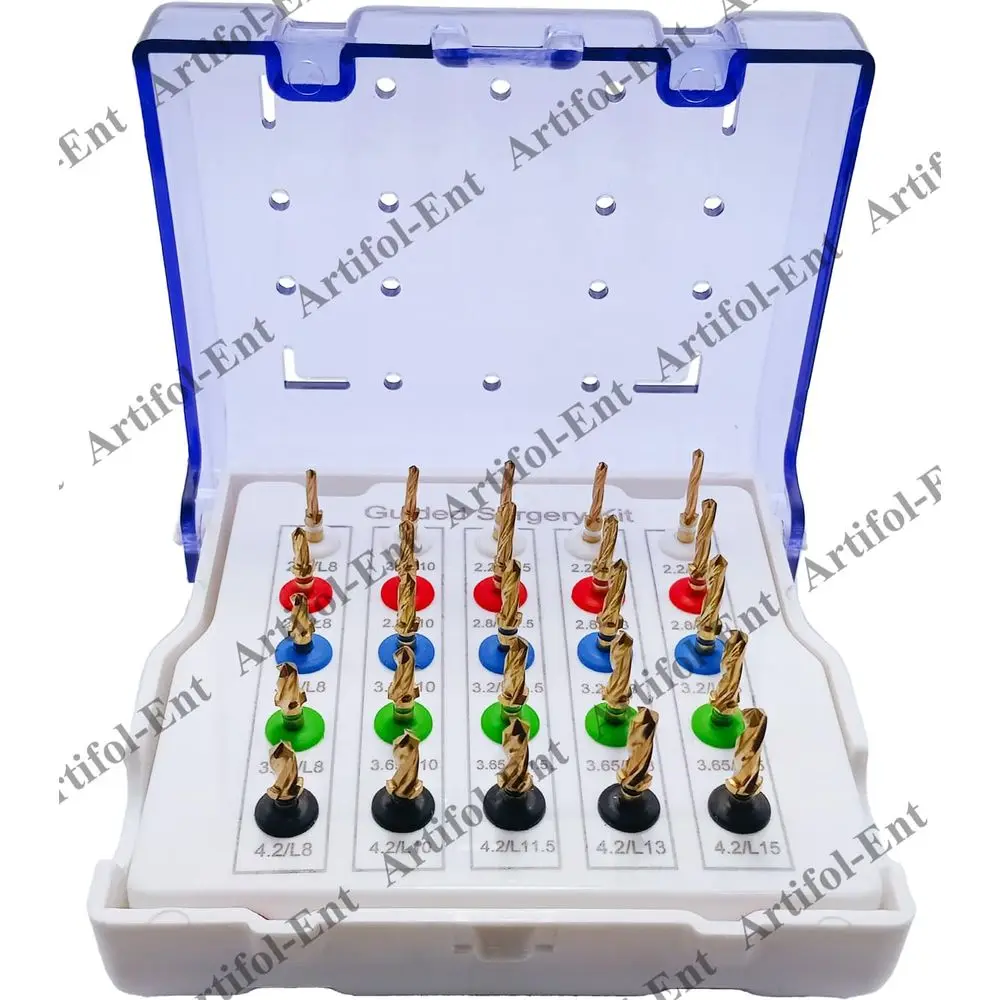 25 Pcs Dental Guided Implant Drill Kit – Assorted Stoppers & Sizes, ully Autoclavable with Plastic Case – Gold-Coated Drills Set