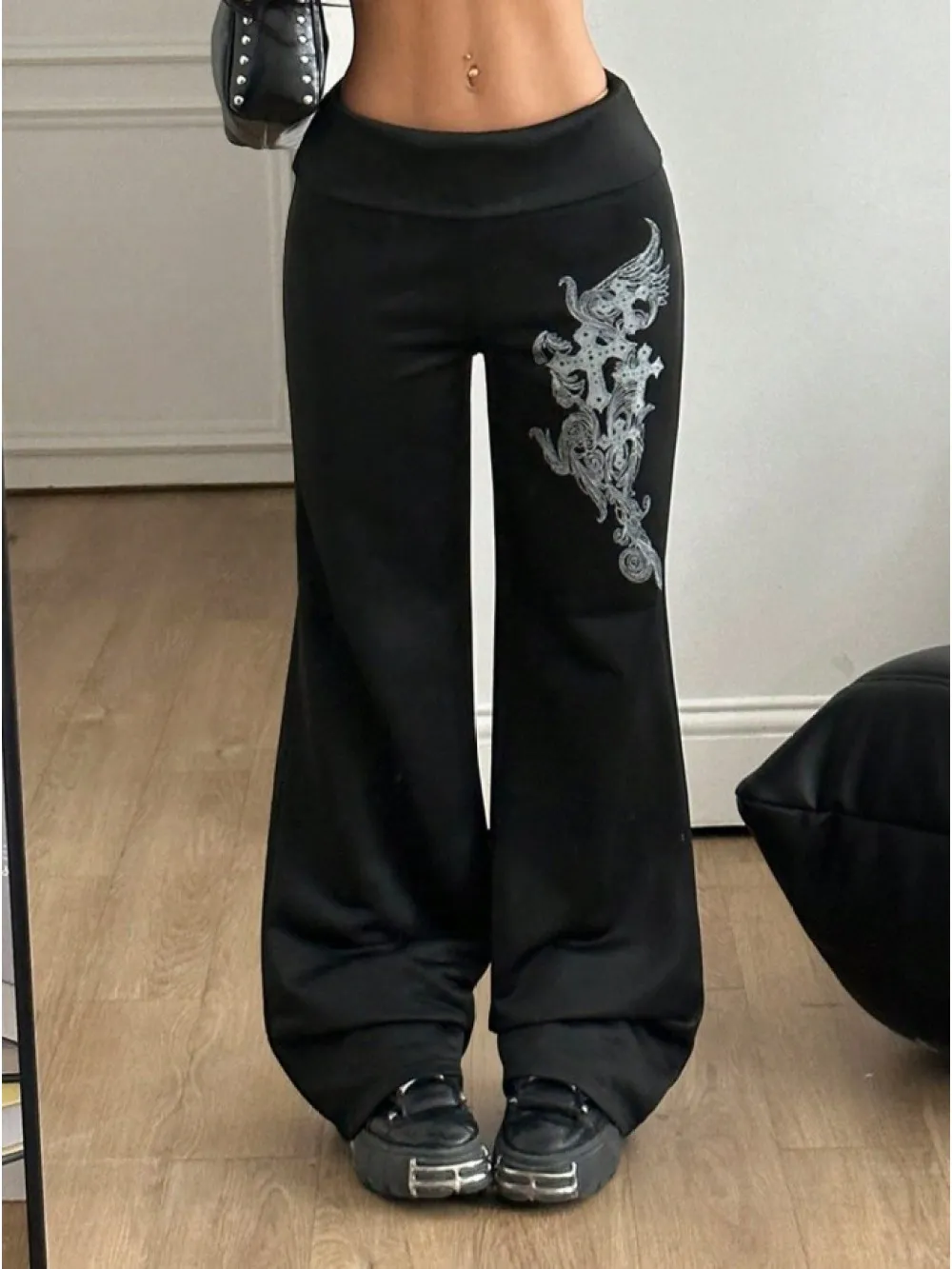 

Y2K Millennium Color Block Flare Pants, 2026 Autumn Winter High Waist Drawstring, Printed Elastic Slim Trousers for Women