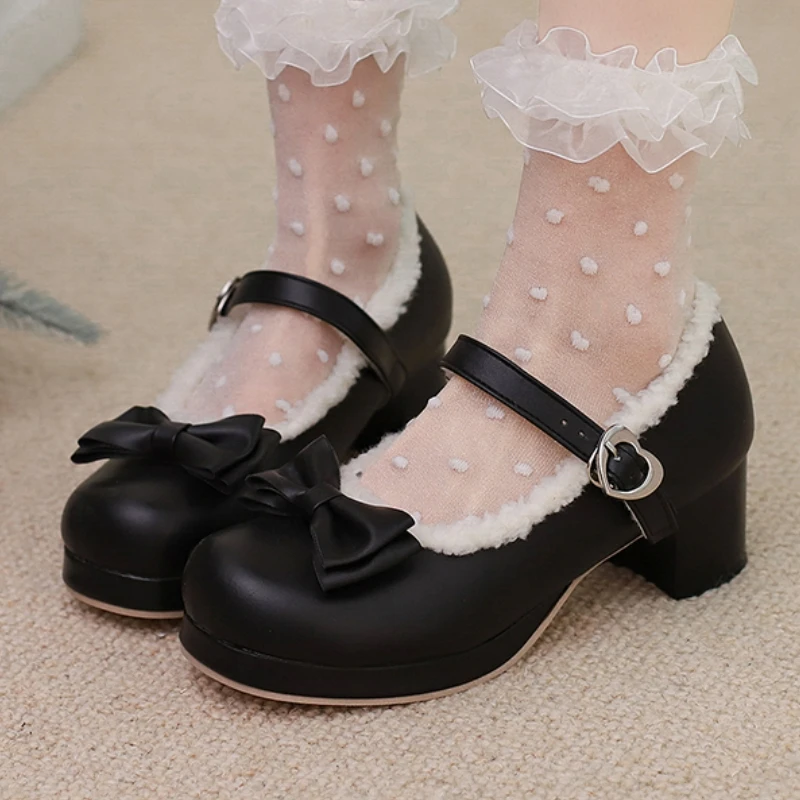 Sweet Women's Low Heels Pumps Big Size 48 Lolita Mary Janes Lolitas Shoes Black Nude Pink Heeled Dance Wedding Shoes For Girls