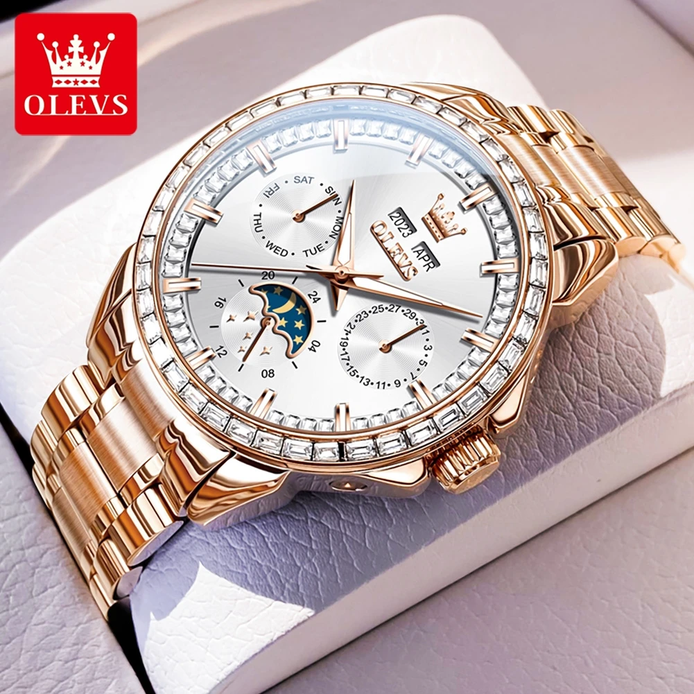 

OLEVS 6695 NEW Men's Watches Full Diamond Multifunctional Dial Blue Stainless Steel Calendar Week Moon Phase Waterproof Watches