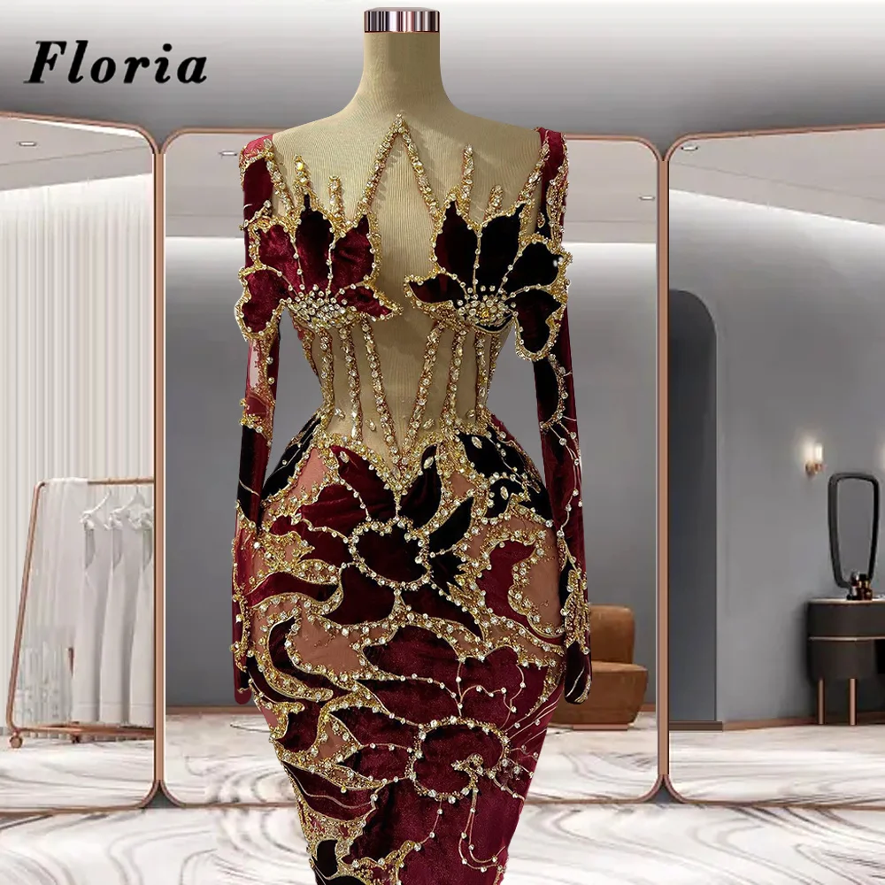 Floria 4 Designs Mermaid Long Sleeves Formal Evening Dresses Arabic Dubai Beaded Party Dress Wedding Flower Women Prom Gowns