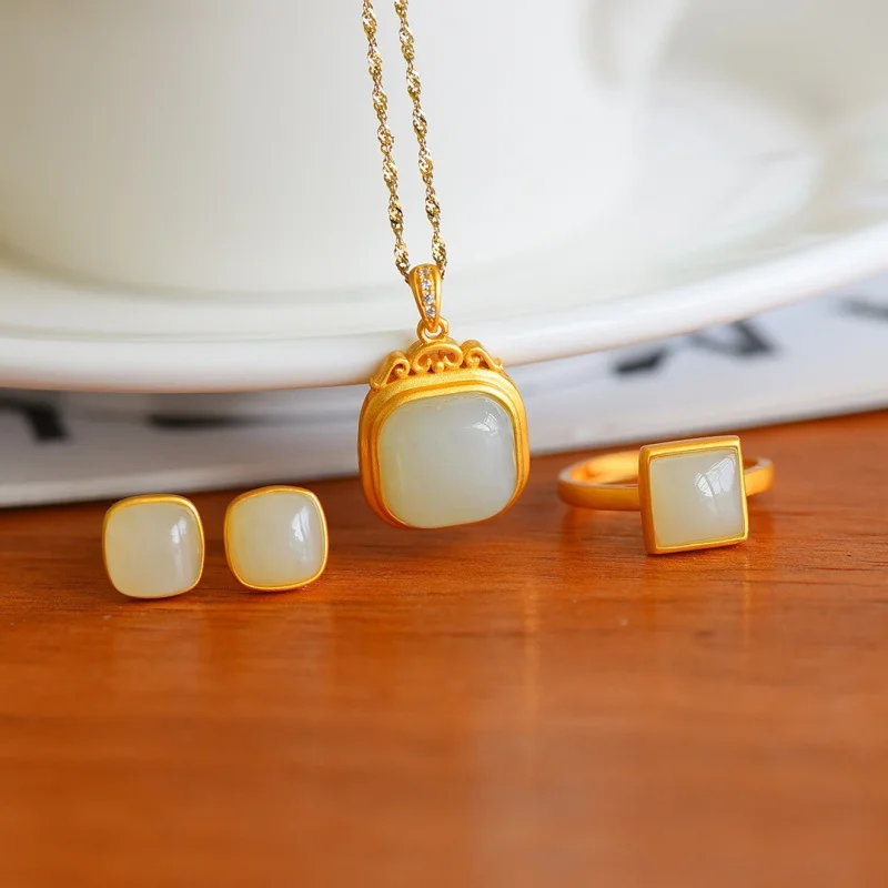 

S925 Серебро Позолоченные Инкрустация Hetian Белый Нефрит Квадратные Серьги Кольцо Женский Комплект