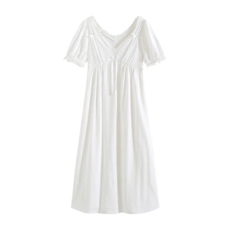 Women Sexy V-Neck Short Sleeves White Nightdress Loose Design Mid-Calf Long Style Cotton Nightgowns Summer Casual Home Dresses