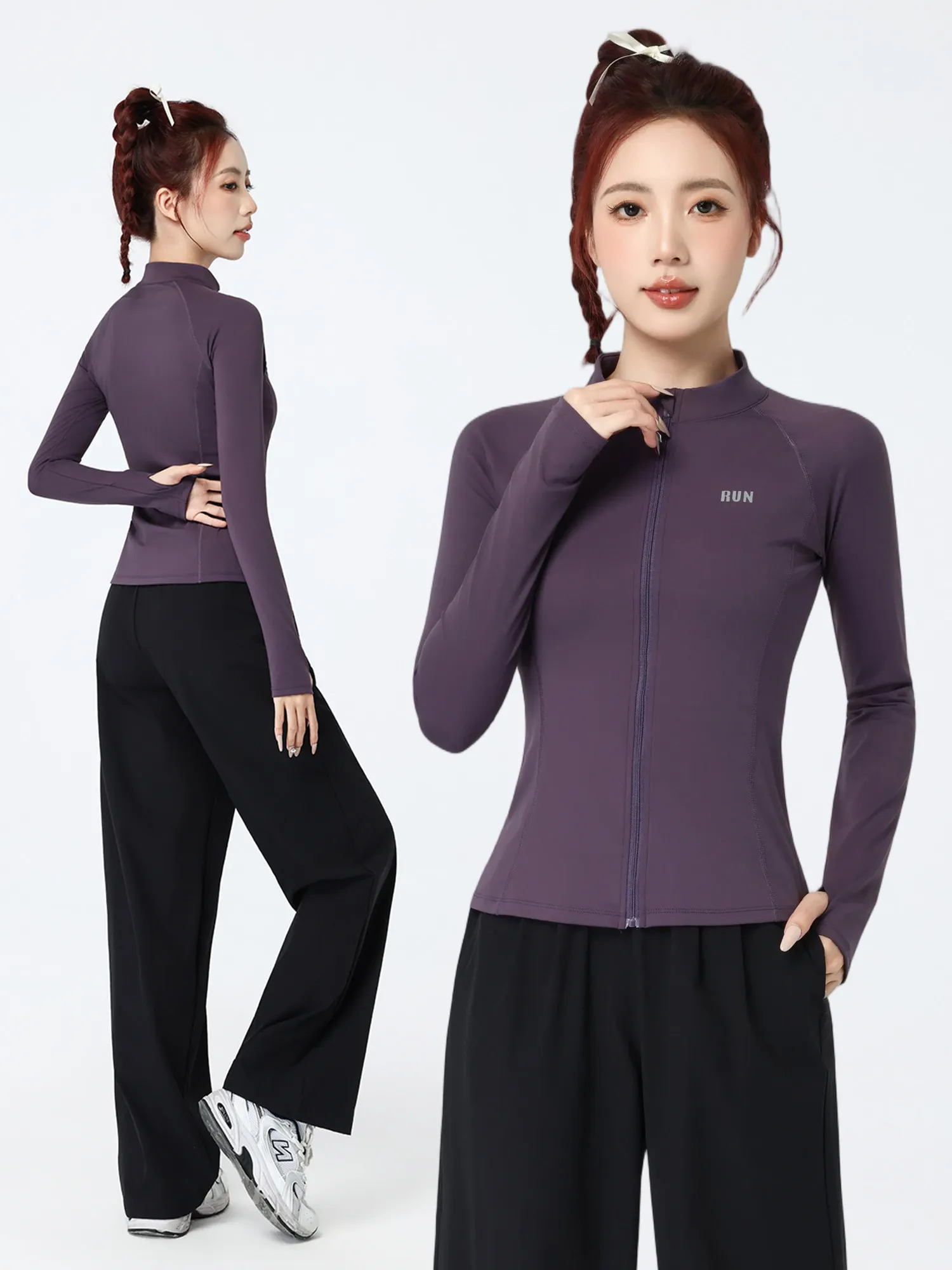 

Женский спортивный повседневный комплект для бега на открытом воздухе: быстросохнущая приталенная куртка на молнии и длинные брюки с высокой талией из нейлона и спандекса