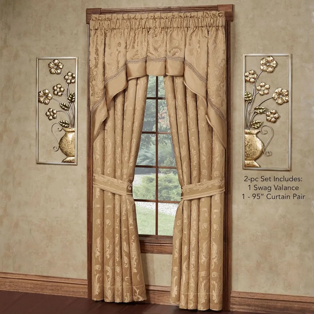 Luxurious Metallic Gold Jacquard Damask Window Treatments with Puff Woven Acanthus Leaf Design and Monochromatic Royal Hues