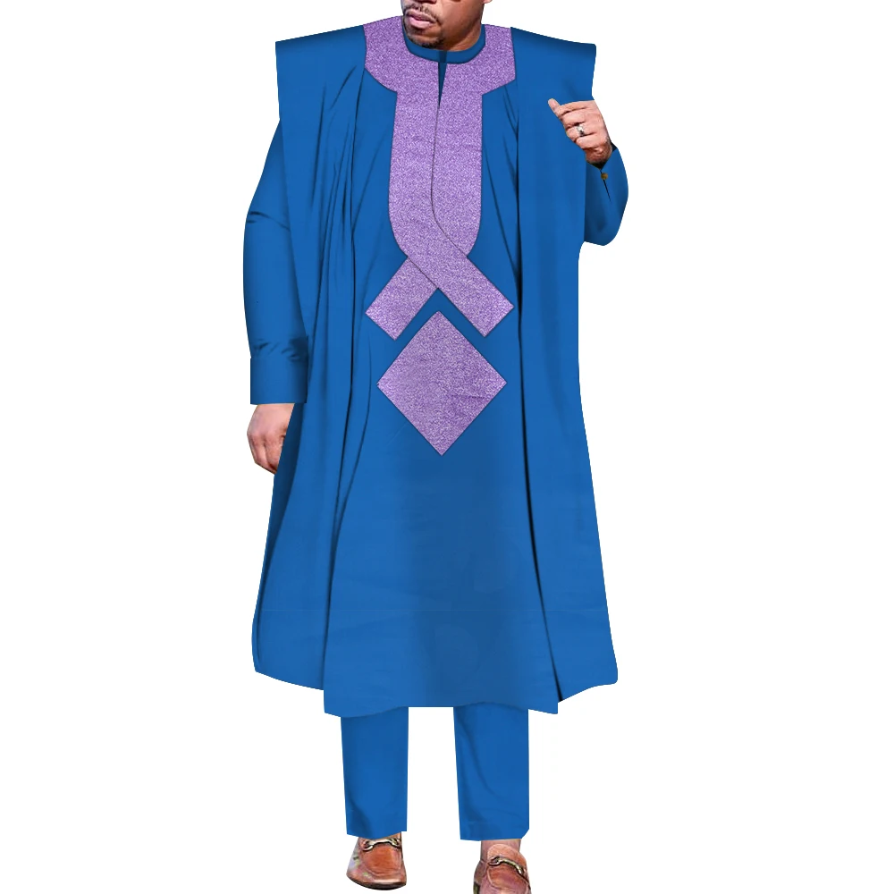 African Men Boubou Dashiki Agbada Robe Suits 3 Piece Sets Slim Men African Outfit Nigerian Clothes Bazin Riche Robe WYN1361