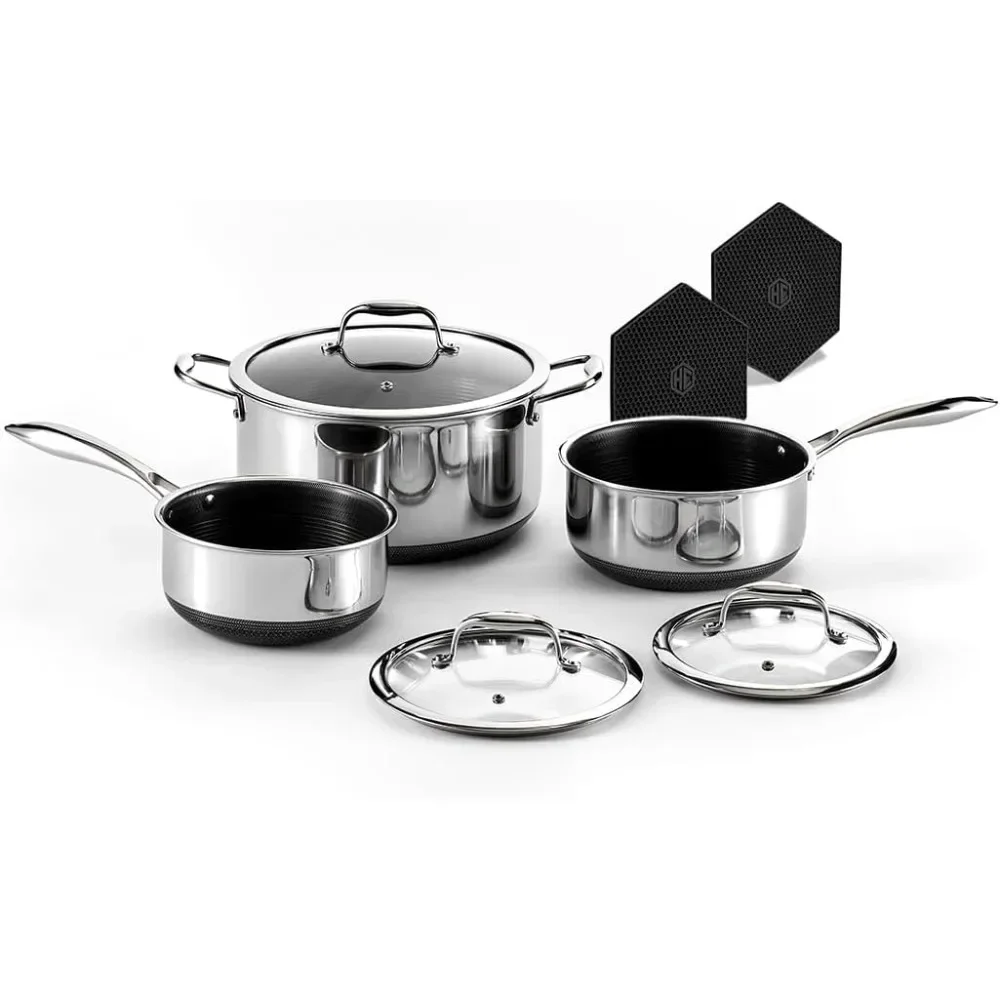 Nonstick 6-Piece Pot Set with Trivets, 2, 3, and 8-Quart Pots with Tempered Glass Lids, 2 Silicone Trivets Included