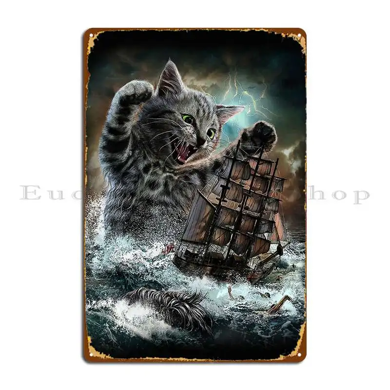 Monster Tabby Cat Ambush Battle Ship Metal Plaque Poster Design Decoration Cinema Garage Club Printing Tin Sign Poster