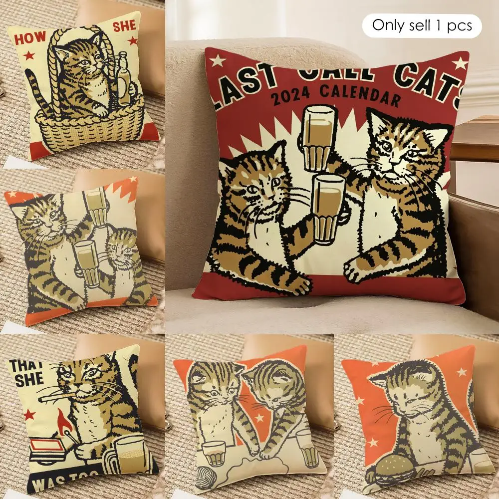 Artisian Drunk Cats Cushion Cover Silky Short Plush Invisible Zipper Dustproof Sofa Pillow Case for Home Decor