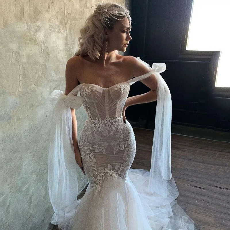 Robes de mariée en dentelle sirène, appliques chérie sexy, robe en tulle plissé, train de balayage éducatif, patients, quel que soit le dos nu, 2023