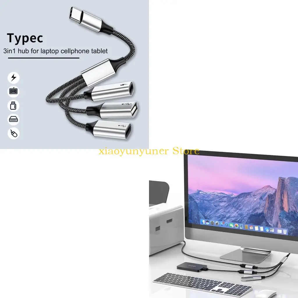 

P9JB USB C Splitter Hub Support OTG Port Fast Data Transfer 600W Power Type C USB2.0 Adapter
