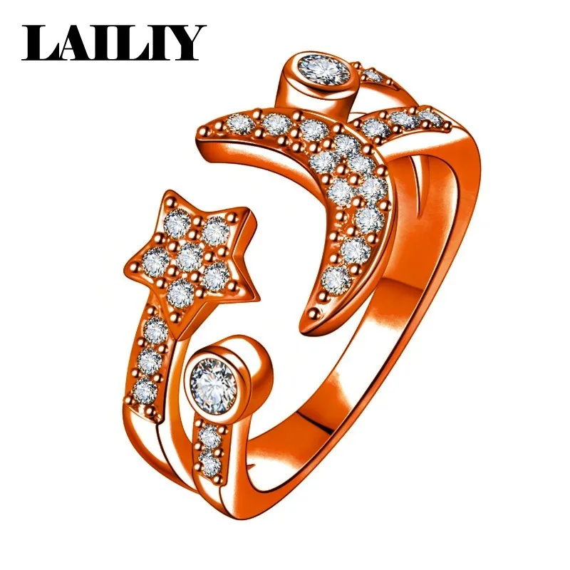 LAILIY925 Sterling Silver Rose Gold with Zircon Diamond Set Star Moon Design Adjustable Ring for Men Women Fashion Jewelry