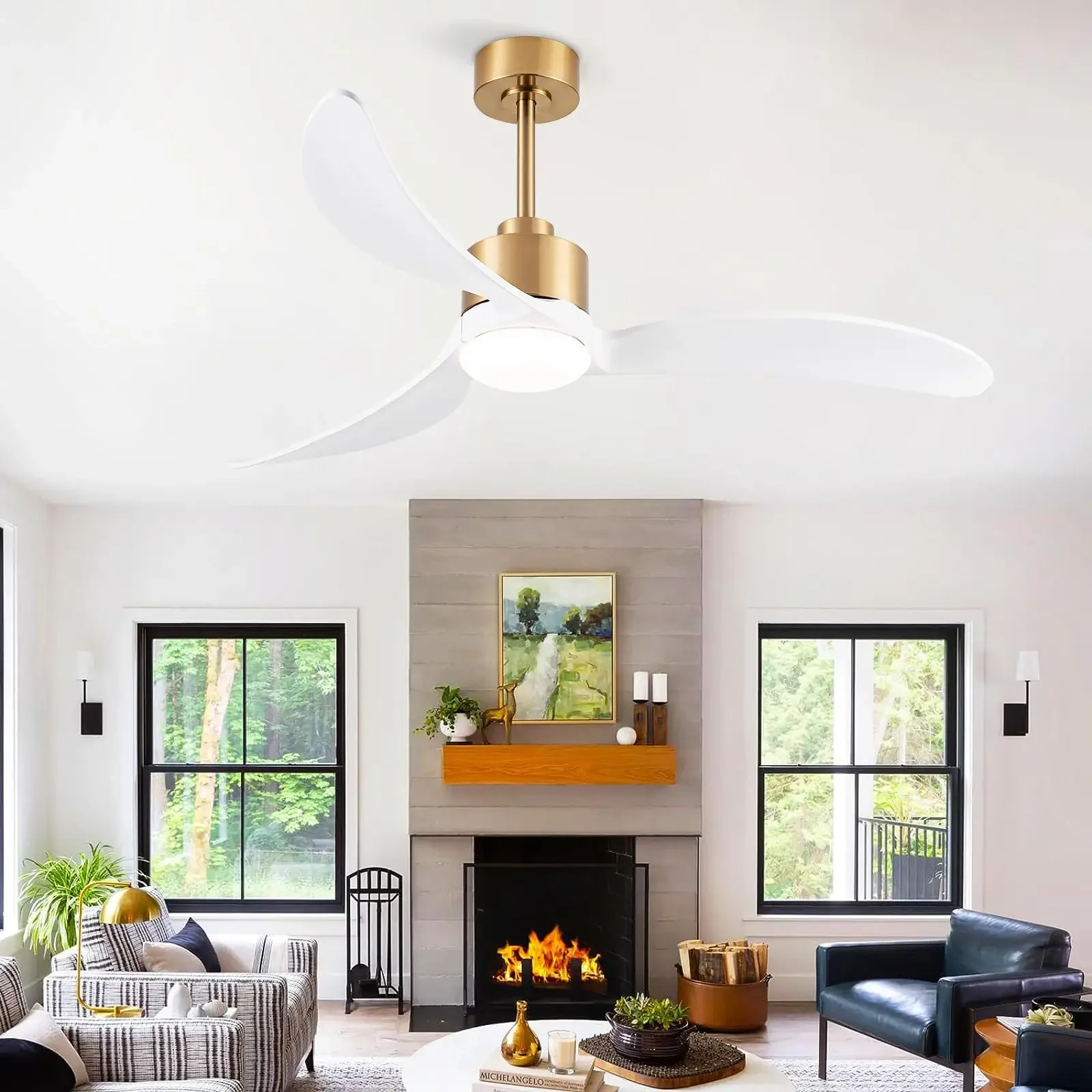 

52 Inch White Ceiling Fan with Light Remote Control 3 Blade Walnut Quiet DC Motor 18W LED for Indoor Outdoor Living Room Bedroom