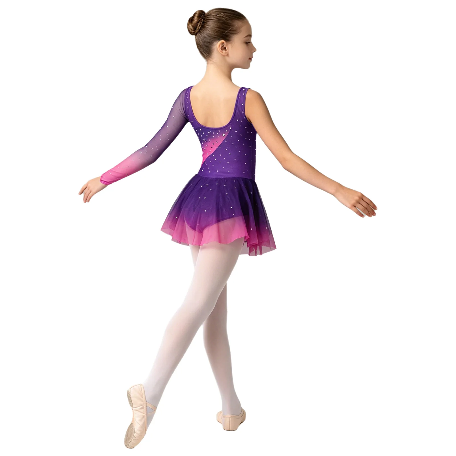Kids Girls Figure Skating Rhythmic Gymnastics Costume Lyrical Dance Dress Shiny Rhinestone Sheer Mesh Split Dress Ballet Leotard