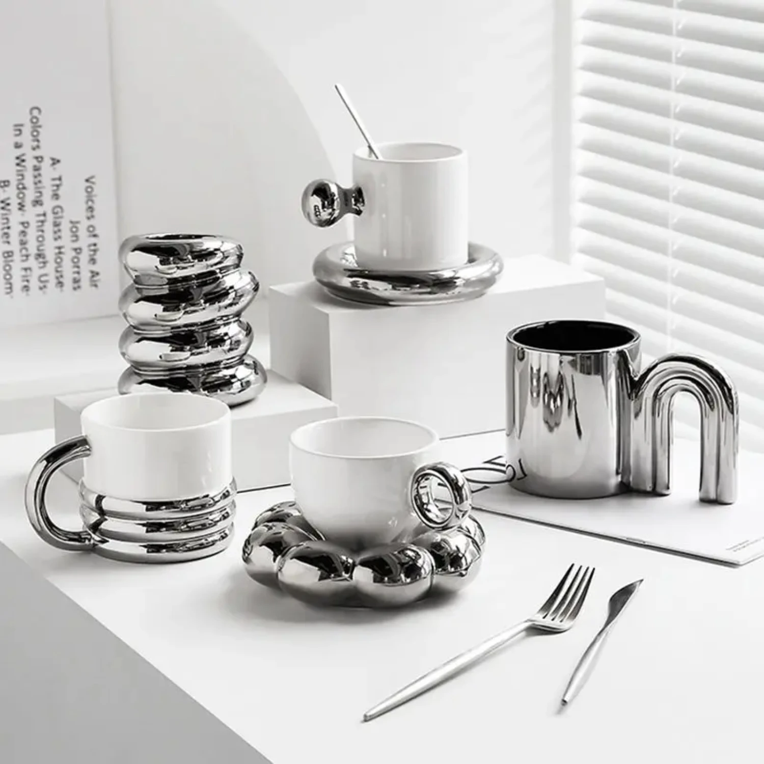 

INS Electroplated Silver Coffee Mugs With Saucer Tea Cup Water Drinking Cups Dessert Dish Breakfast Milk Mug With Tray