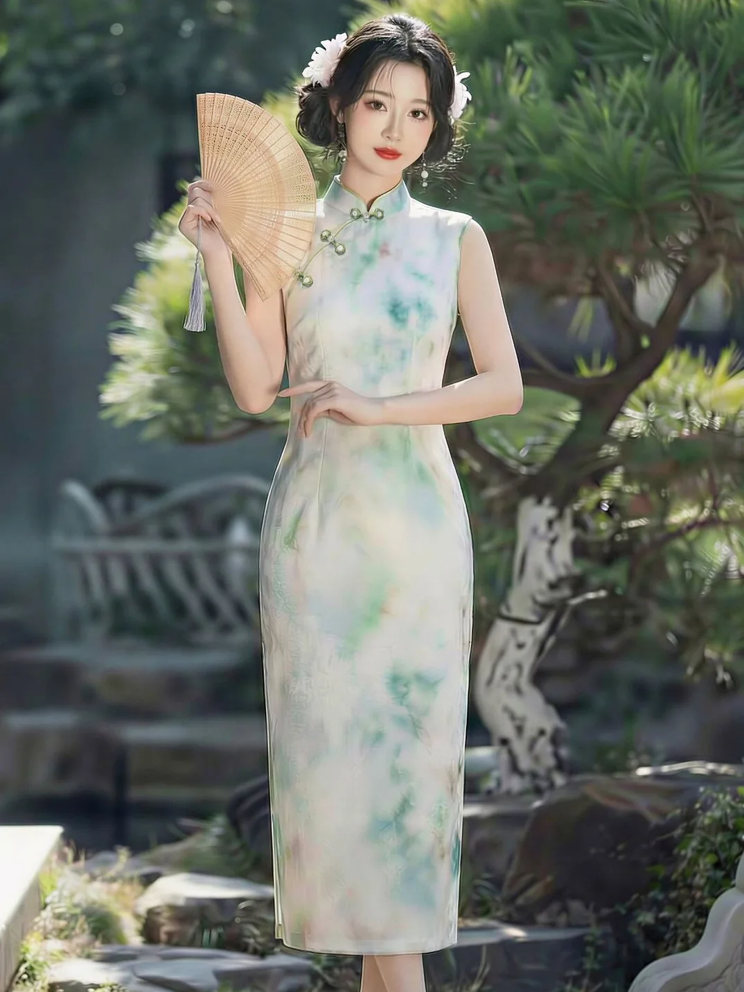 

Improved Printed Summer Long Style Cheongsam for Women Summer Girl Sleeveless Young Style Qipao Dress