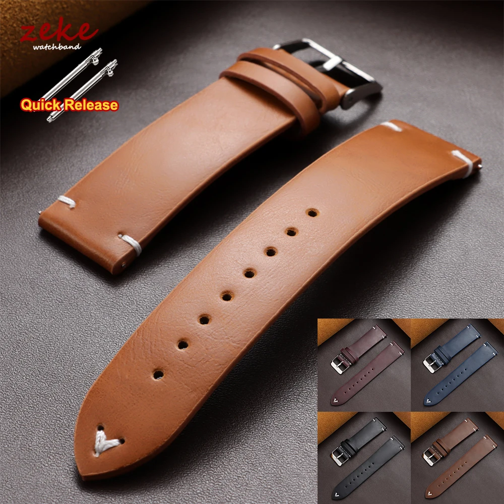 Correa de Reloj de Cuero Encerado Vintage de 18mm 20mm 22mm, Correas de Cuero Vacuno Marrón y Negro, Brazalete de Liberación Rápida, Correa Universal para Hombre