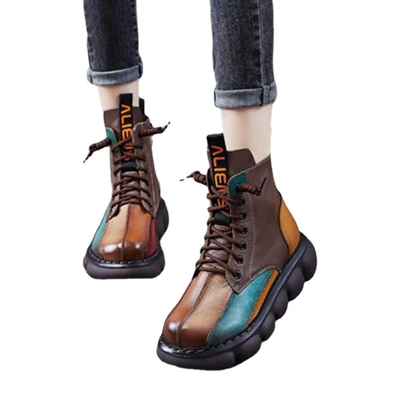 Autumn Mixed Color Shoes Women Boot 2024 Fashion Round Toe Lace Up Retro Handmade Casual Platform Ankle Boots Ladies Short Boots
