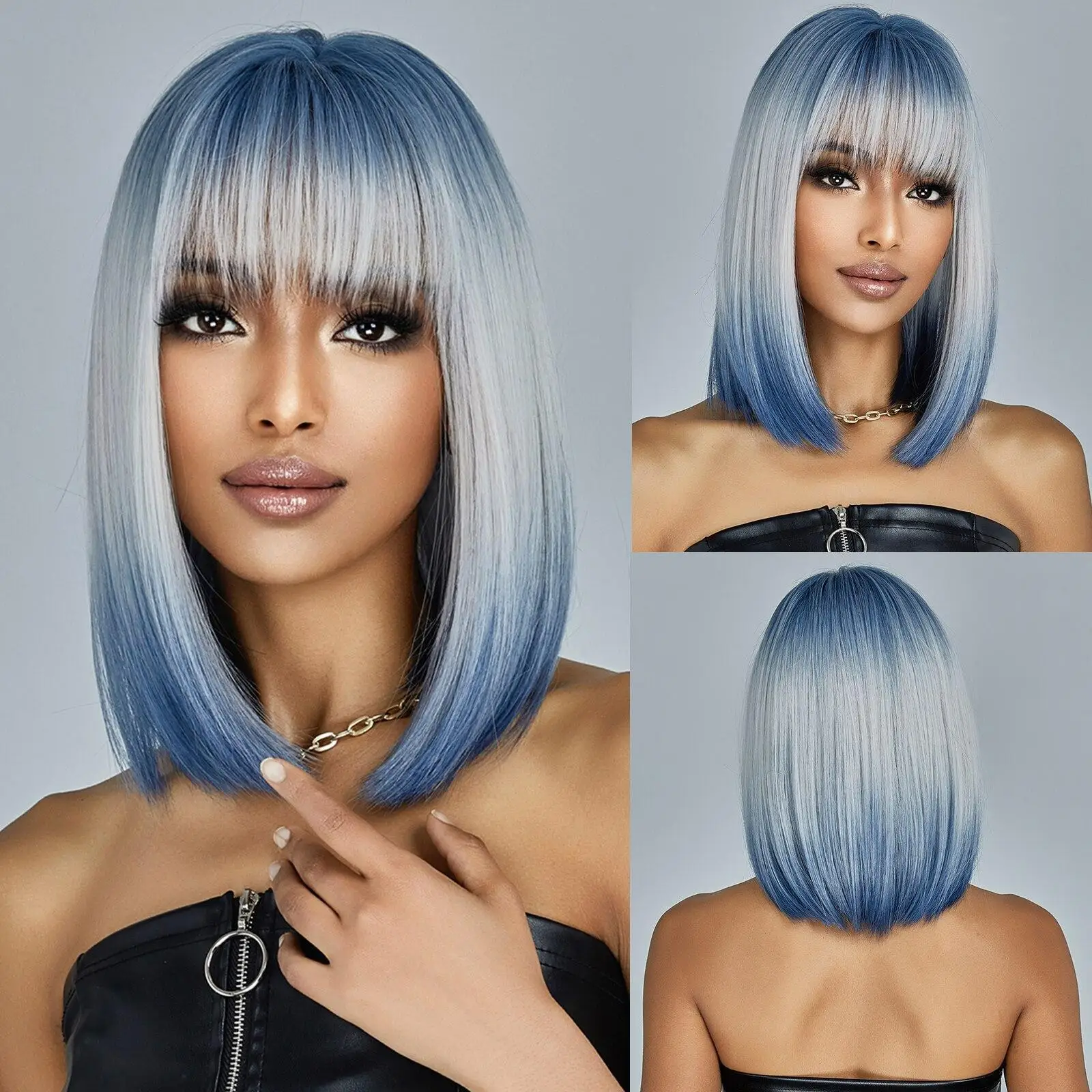 

Medium Length Blue White Straight Synthetic Hair With Bangs Short Bob wig