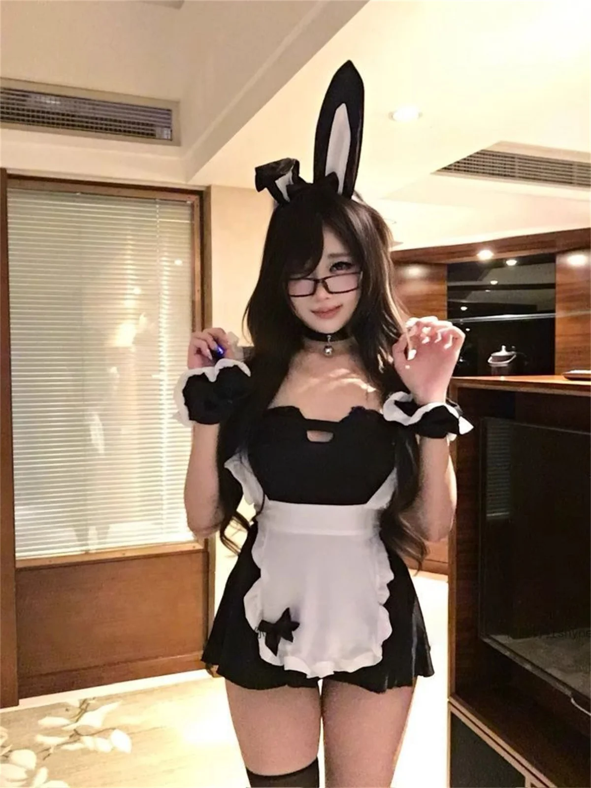 Sexy Cute Japanese Harajuku Halter Slim Fit Bodysuit Y2k Rabbit Kawaii Spliced Pleated Jumpsuit Punk with Arm Warmerst Suits