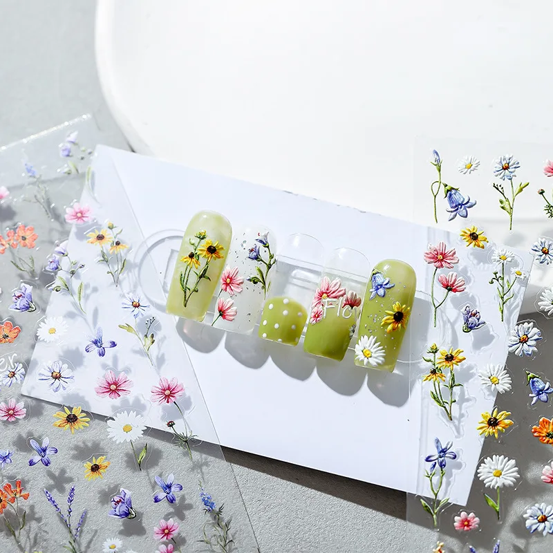 5D Green White Yellow Purple Colored Wild Flowers Daisy Embossed Reliefs Nail Art Stickers 3D Adhesive Nail Decorations Decals