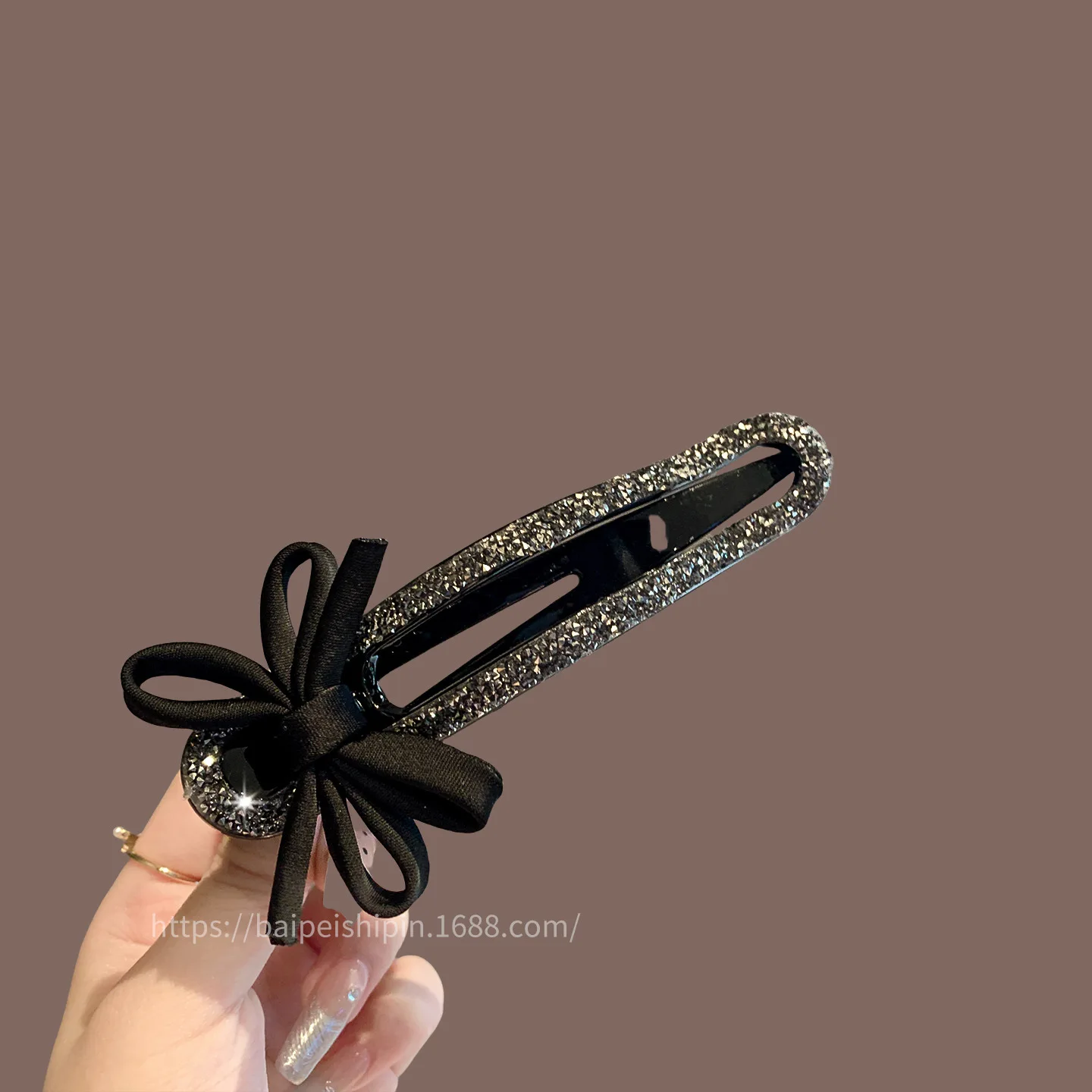 

Black bow hair clip for women - rhinestone sparkle, bangs & flyaways, holiday chic, elegant & high-end hair accessory