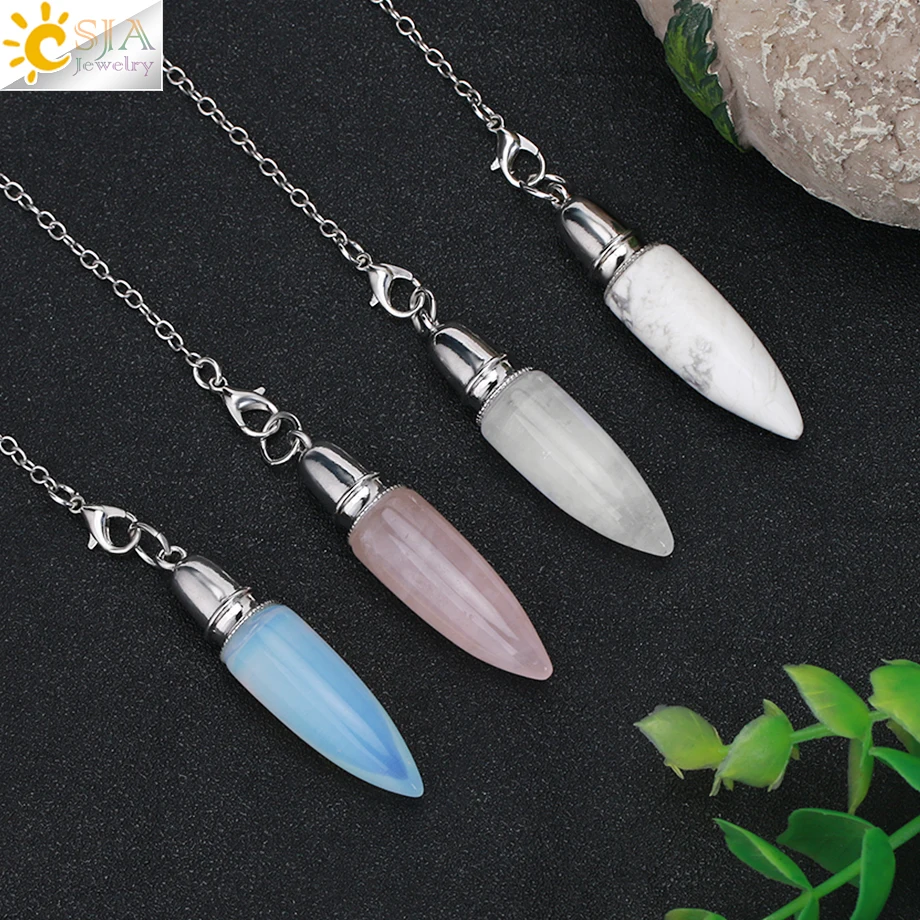 Natural Stone Pencil Point Pendulum Crystal Pendant Pendulum for Dowsing Divination Amethyst Pink Clear Quartz Opal Pendulo H127