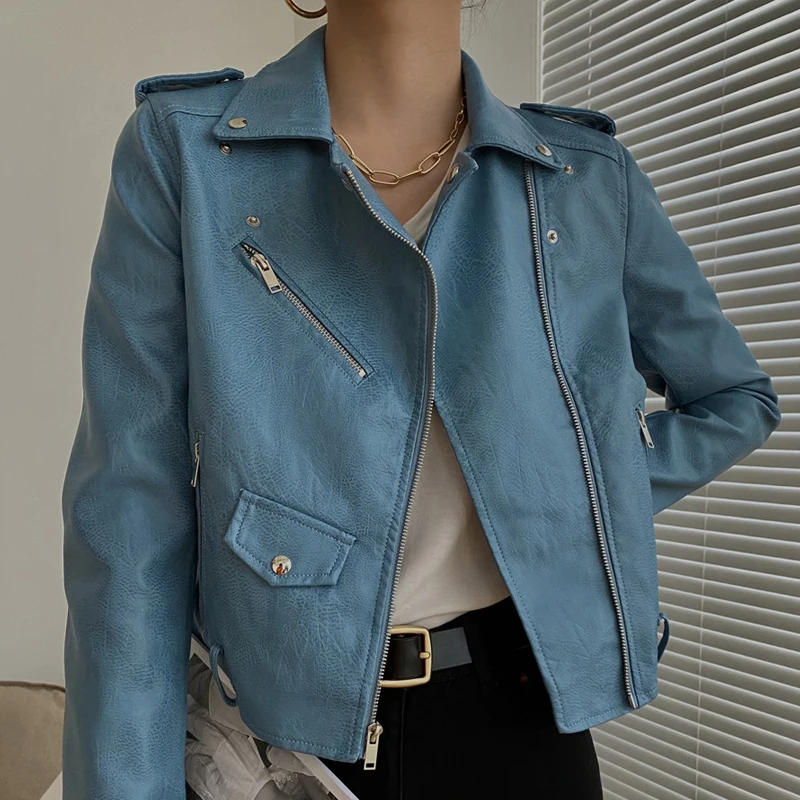 2026 New Leather Jacket Women's Fashion Autumn PU Slim Fit Artificial Leather Motorcycle Coat Black Red Leather Jacket Women