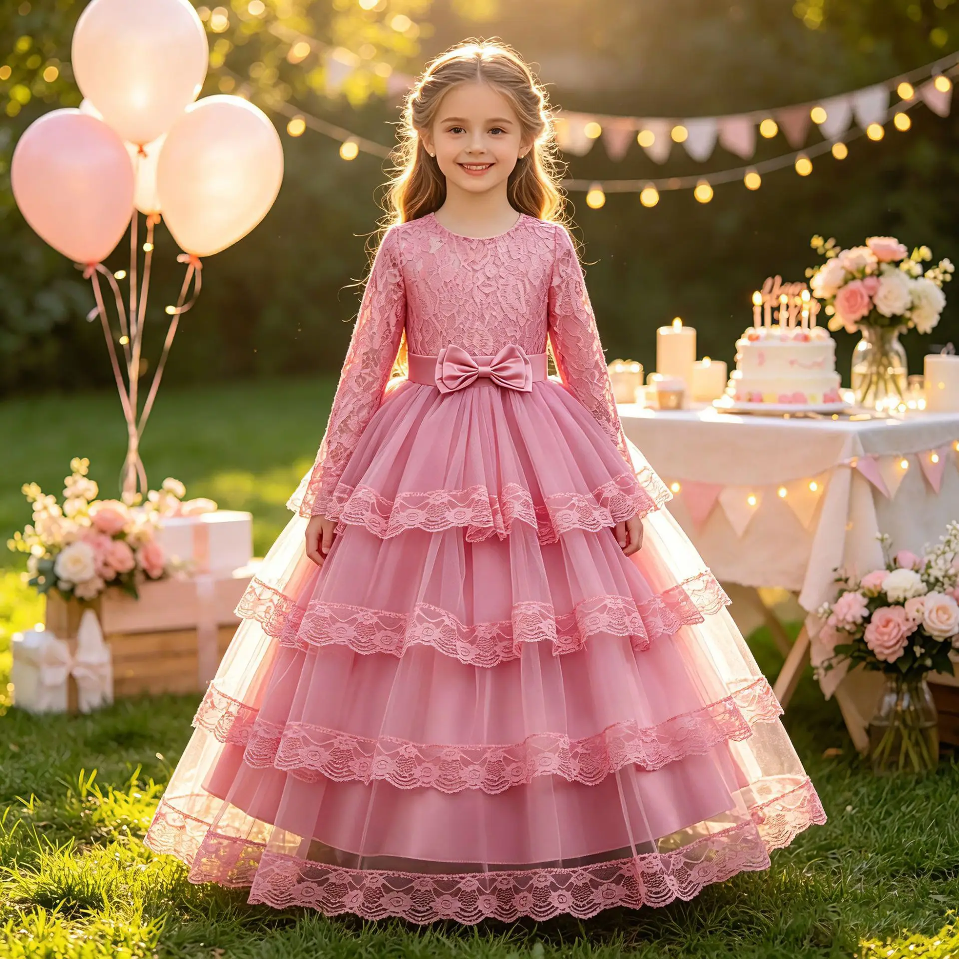 Lace Flower Girl Dress O-Neck Long Illusion Sleeve Satin Bow Multi-Tier Floor-Length Cake Tulle Skirt Kids Piano Recital Gown