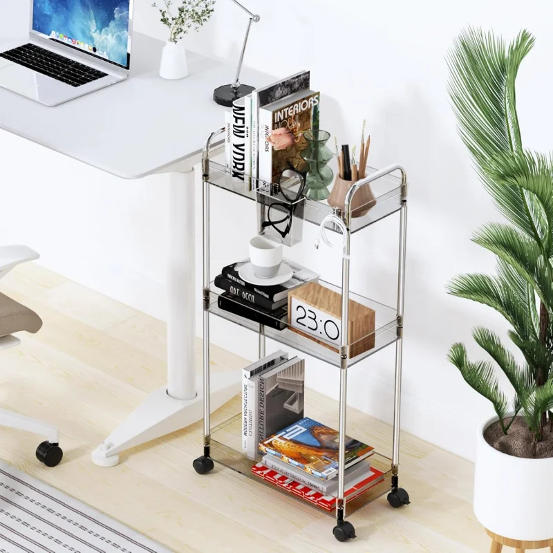 Storage Rolling Cart 3 Tier Acrylic Bathroom Cart Organizer, Mobile Shelving Unit Laundry Room Organization Multifunction Utilit