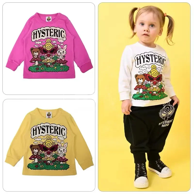 

Boys Clothes 2024 Autumn and Winter Trendy Brand Black Super Mushroom Rabbit Pattern Cotton Girls Long-sleeved Base Shirt