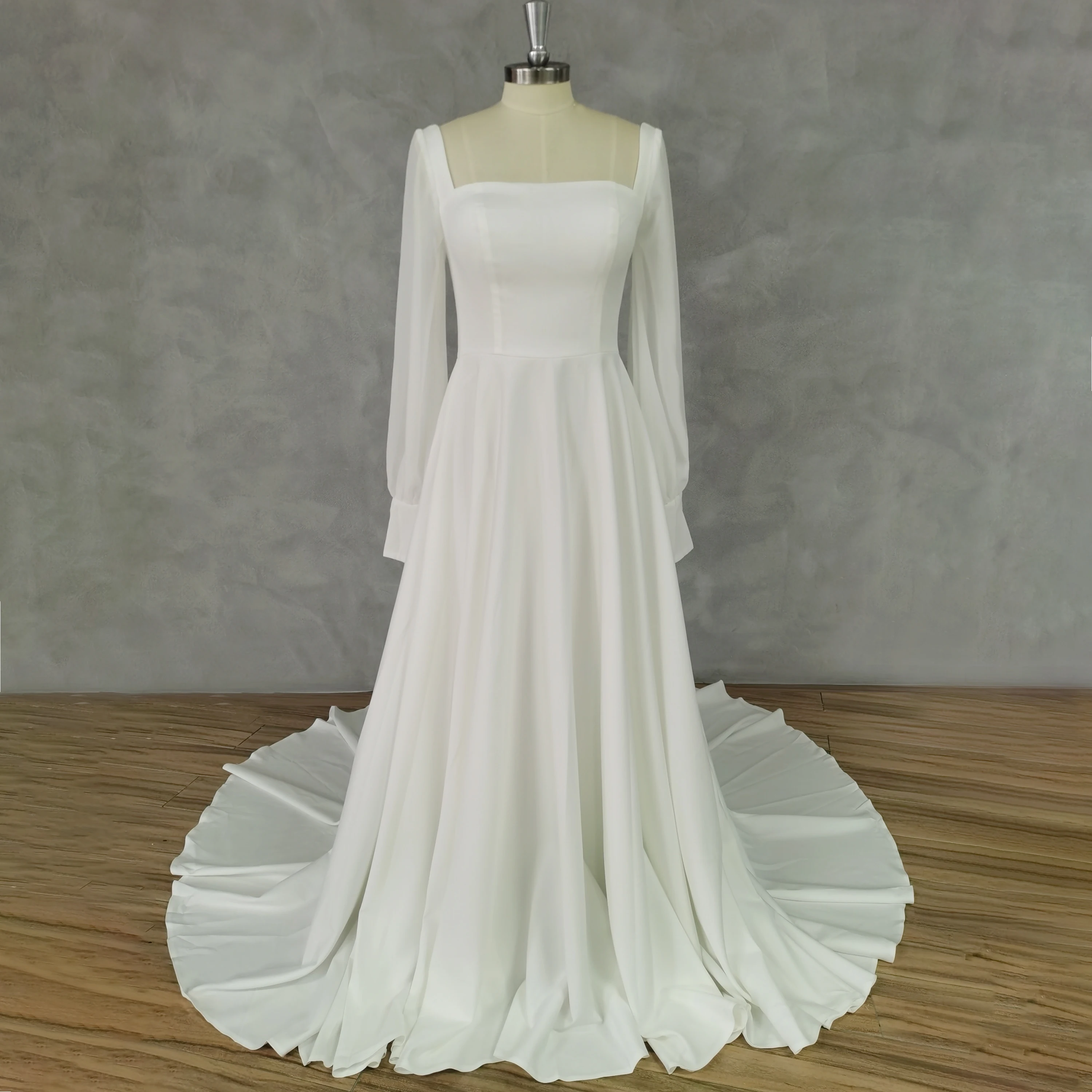 DIDEYTTAWL Real Picture Simple Square-Neck Long Puff Sleeves Crepe Wedding Dress Open Back Satin Court Train Bridal Gown