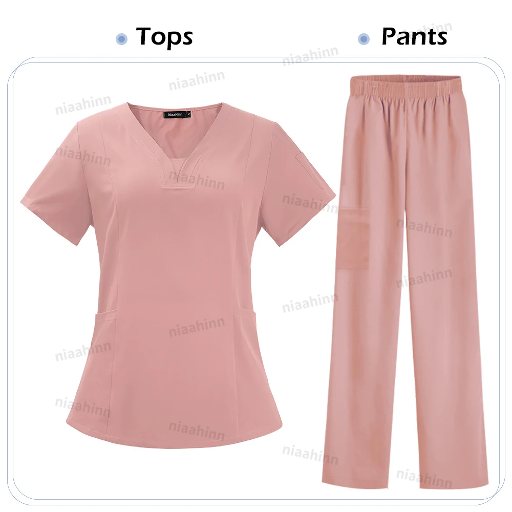 Dental Peeling T-shirt Mode Einfache Krankenschwester Uniform V-ausschnitt Kurzarm Top Jogger Hosen Klinik Jacke Pflege Zubehör Frauen – Detail 9