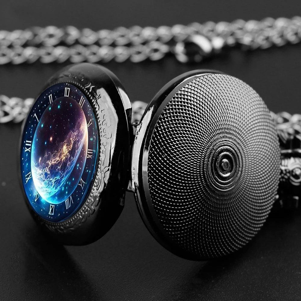 Creative Starry Sky and Moon Quartz Pocket Watch for Women Men Black Necklace, Unique Pendant Clock Chain Watch Gift Accessories