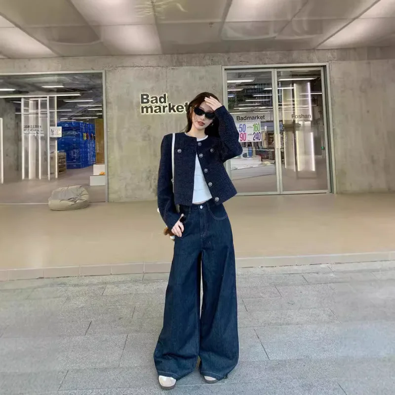 Women's 2026 Spring Unique Blue Tweed Cropped Jacket Elegant Age Reducing High-End Fashion Top Chic Casual Outerwear