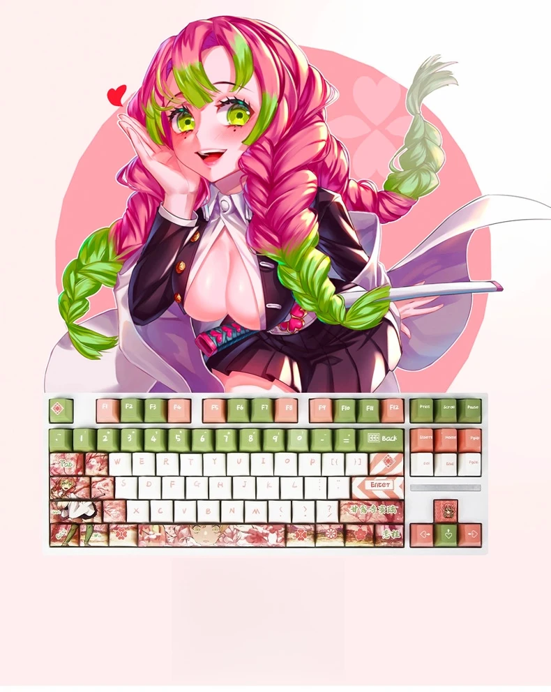 Anime Demon Slayer Kanroji Mitsuri Mechanical Keyboard PBT Key Caps Wireless Gasket RGB Gaming Keyboard Gifts