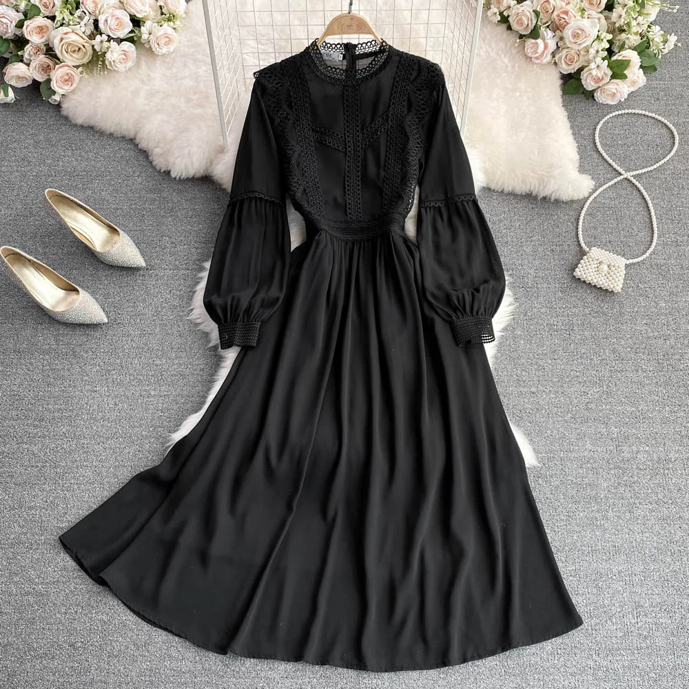 

Vintage Palace Style Standing Neck Lace Splice Waist Wrapped Lantern Sleeves Chiffon A-line Dress Elegant Large Swing Long Skirt