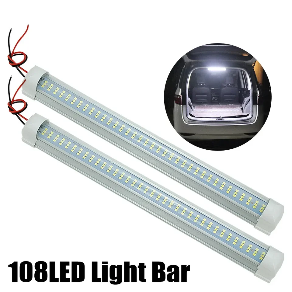 Barre LED Intérieure Voiture 12V 1200LM – 2x Bande Lumineuse 108 LEDs Avec Interrupteur – Éclairage Camping-Car, Van, Camion, Bateau