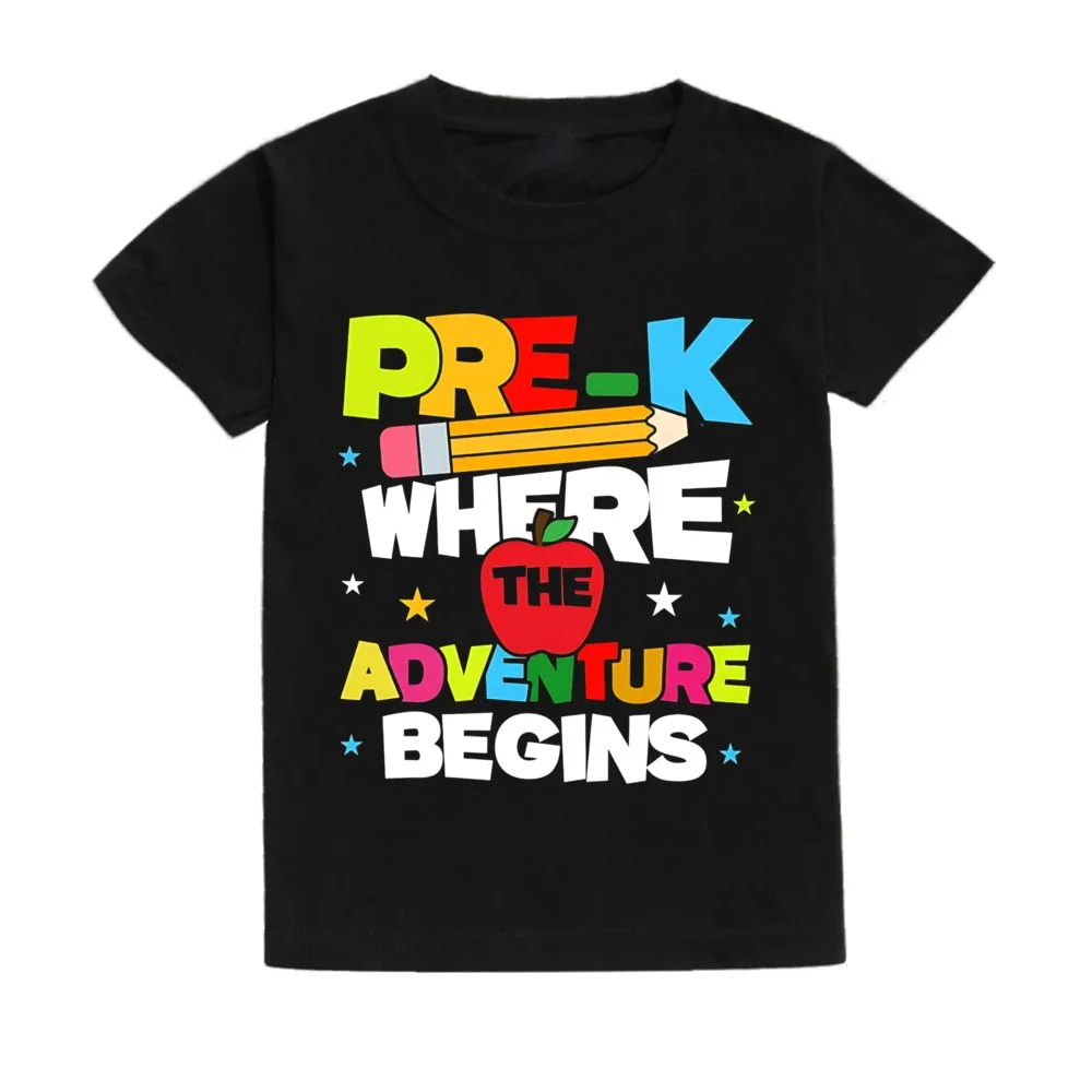 PRE-K ที่การผจญภัยเริ่มต้นความสุขวันแรกของโรงเรียนเสื้อยืดตลกฤดูร้อนเสื้อยืดแขนลำลองขาสั้น