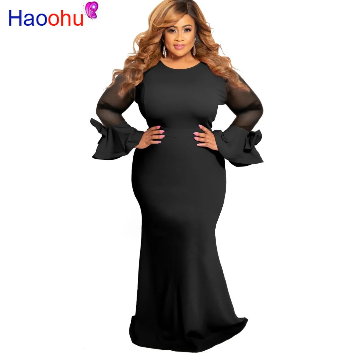 HAOOHU Women Clothing Plus Size Dress 2023 Elegant Party Dress Casual Sexy Hollow Out Long Sleeves Floor Dress Urban Autumn 5XL