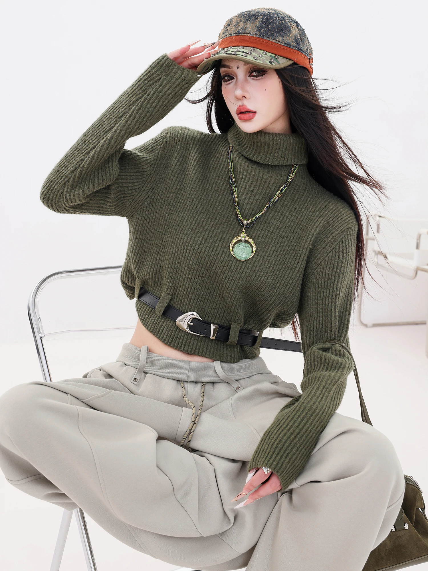 

Современный вязаный свитер с высоким воротником, женский облегающий свитер с поясом и завязкой на талии, драпировка, длинный свек ort, осенне-зимний свитер