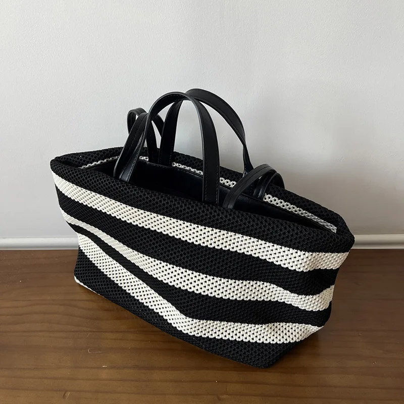 

Fashion Striped Mesh Tote Women Bags NEW PU Patchwork Shoulder Bag Hollow Handbags Shopper Purses Bags for Women Bucket Bag NEW